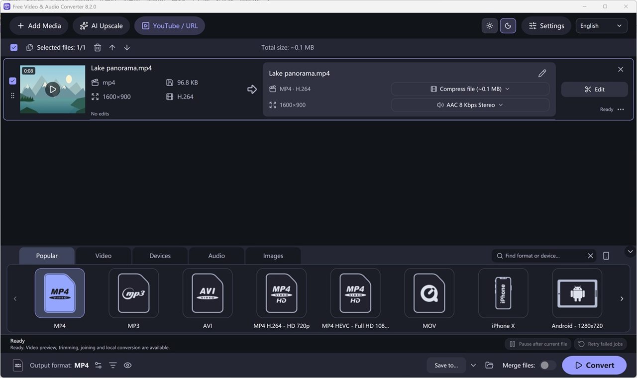Free Video & Audio Converter — Video queue with real thumbnail, source and output details, Popular formats, dark theme.