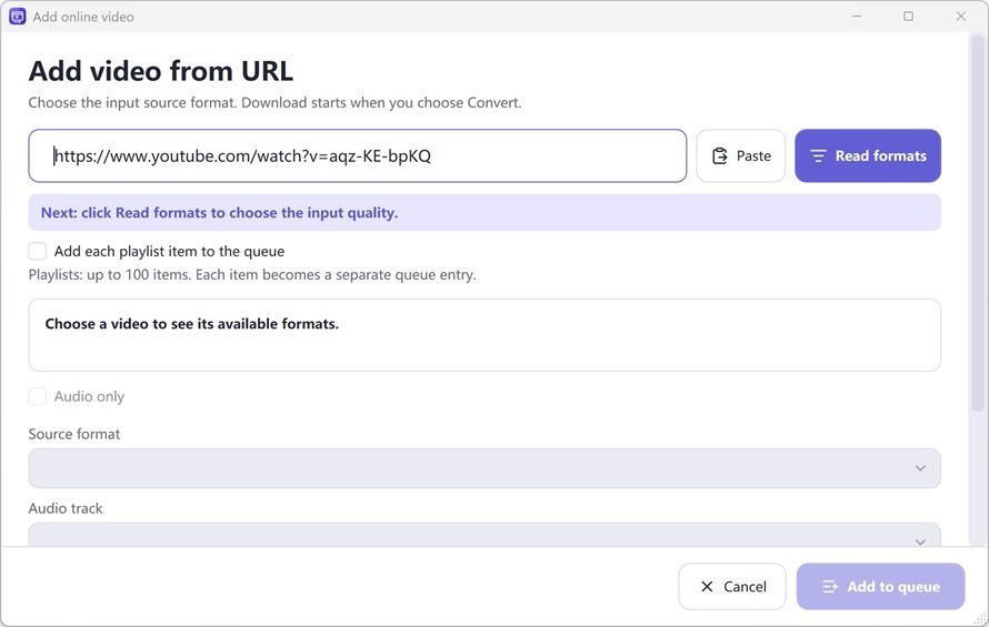 Free Video & Audio Converter — URL source input with prominent Read formats prompt; downloading is deferred until Convert starts.