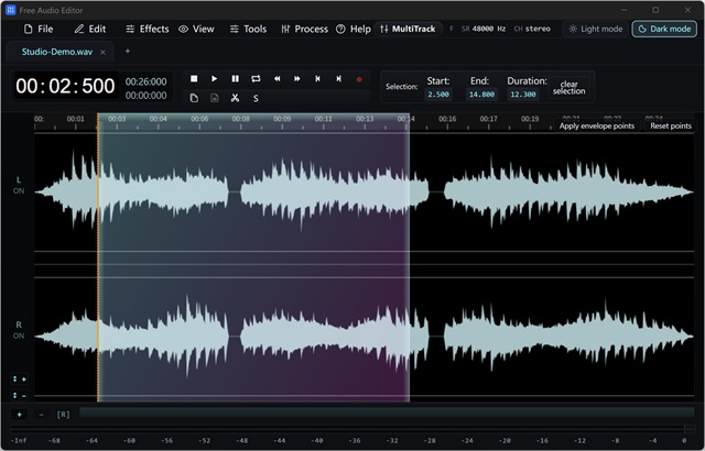 Stereo Waveform Editor (Dark Theme)