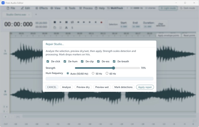 Free Audio Editor — Repair Studio with five repair stages, adjustable strength, automatic hum frequency, real analysis and dry/wet preview.