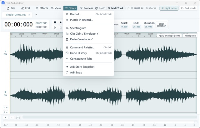 Tools Menu (Recording, Punch-In, A/B & Tabs)