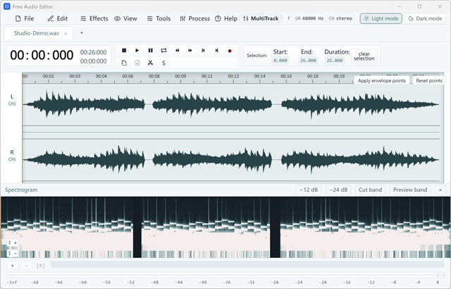 Free Audio Editor — Real stereo waveform and docked spectrogram with rectangular time/frequency selection, preview and -12dB/-24dB/Cut tools.