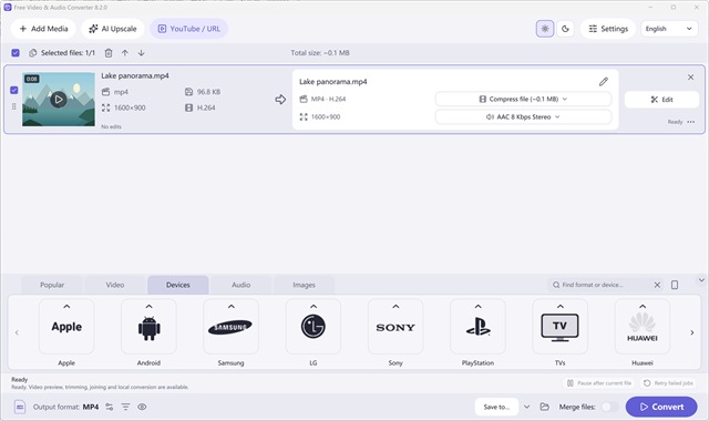 Free Video & Audio Converter — Device preset families for Apple, Android, Samsung, LG, Sony, PlayStation, TVs and Huawei.