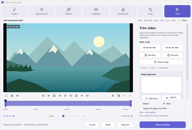 Free Video & Audio Converter — Trim editor with timeline handles, frame stepping, Set start/end shortcuts, keep segments and Reset all.