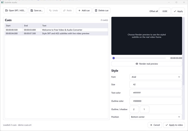 Built-in Subtitle Studio (SRT / ASS)