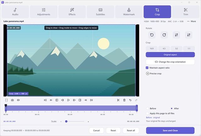 Free Video & Audio Converter — Visual crop overlay, aspect ratio presets (16:9, 9:16, 1:1, 4:3), precise margins, rotate and flip.