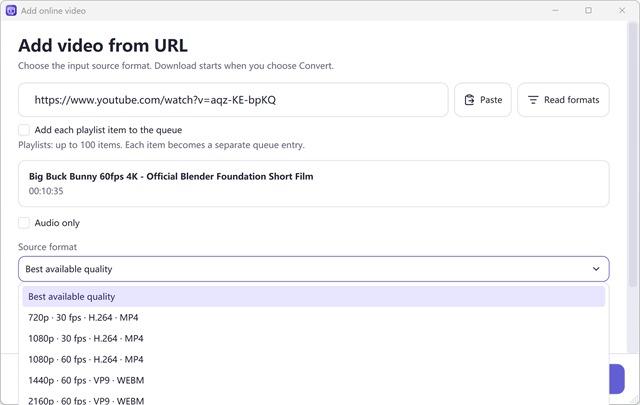 Free Video & Audio Converter — Source-quality menu with Best available, 2160p (4K) and 1440p options, frame rate, codec and container.