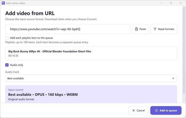 Free Video & Audio Converter — Audio-only online source with automatic best AAC/M4A input selection; final output format (such as MP3) is chosen in the main converter.
