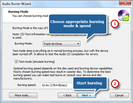 Select Burning Mode/Speed and Start CD Burning