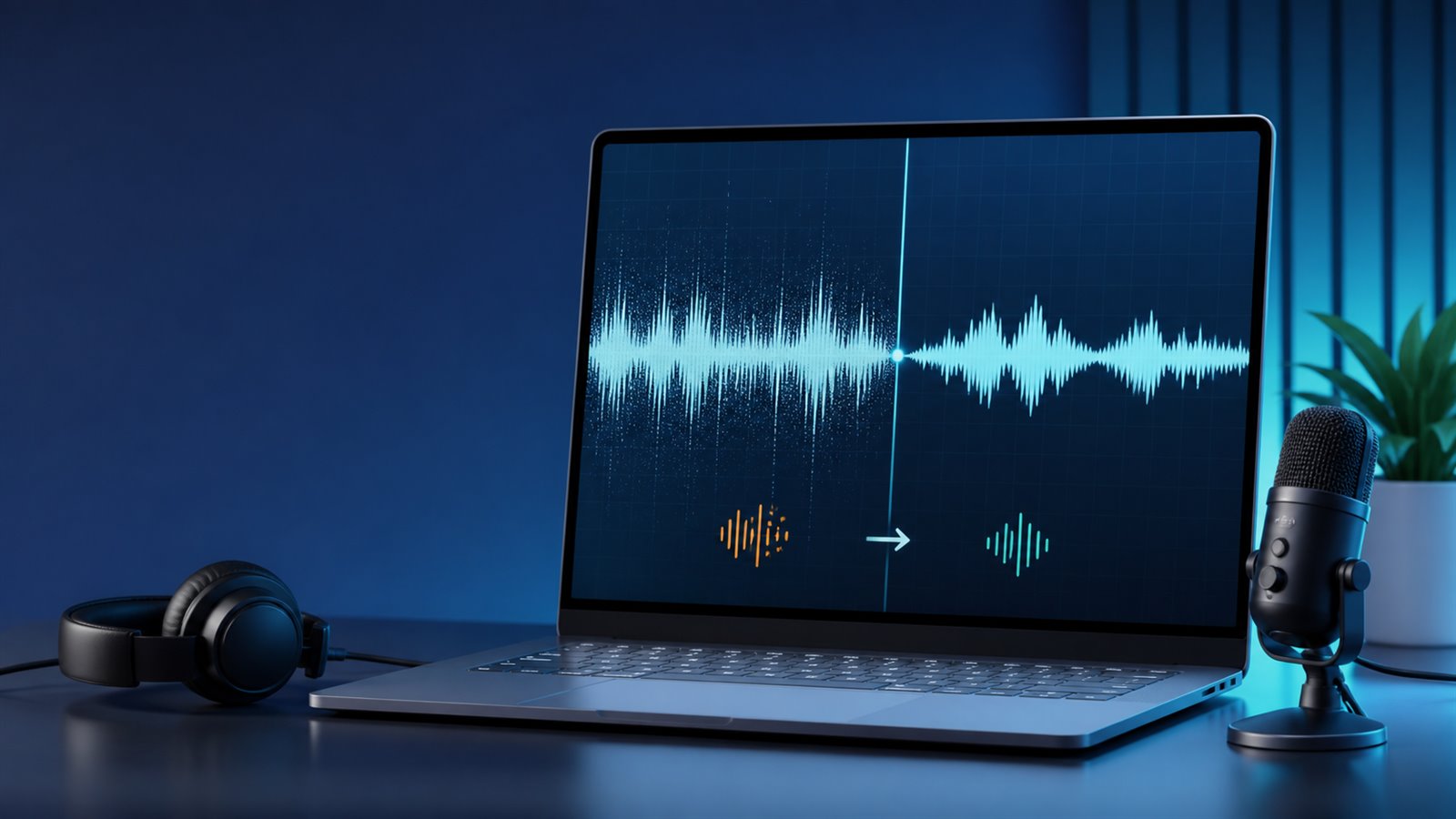 Before and after audio waveform showing background noise removal on Windows 11