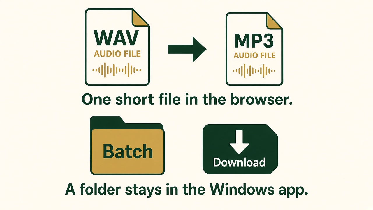 A short audio file converted in the browser, with a folder of files left for Free Audio Converter.