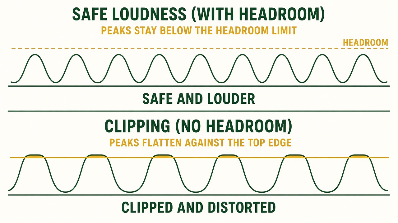 Two waveforms: one made louder while peaks stay under the ceiling, and one clipped flat at the top.