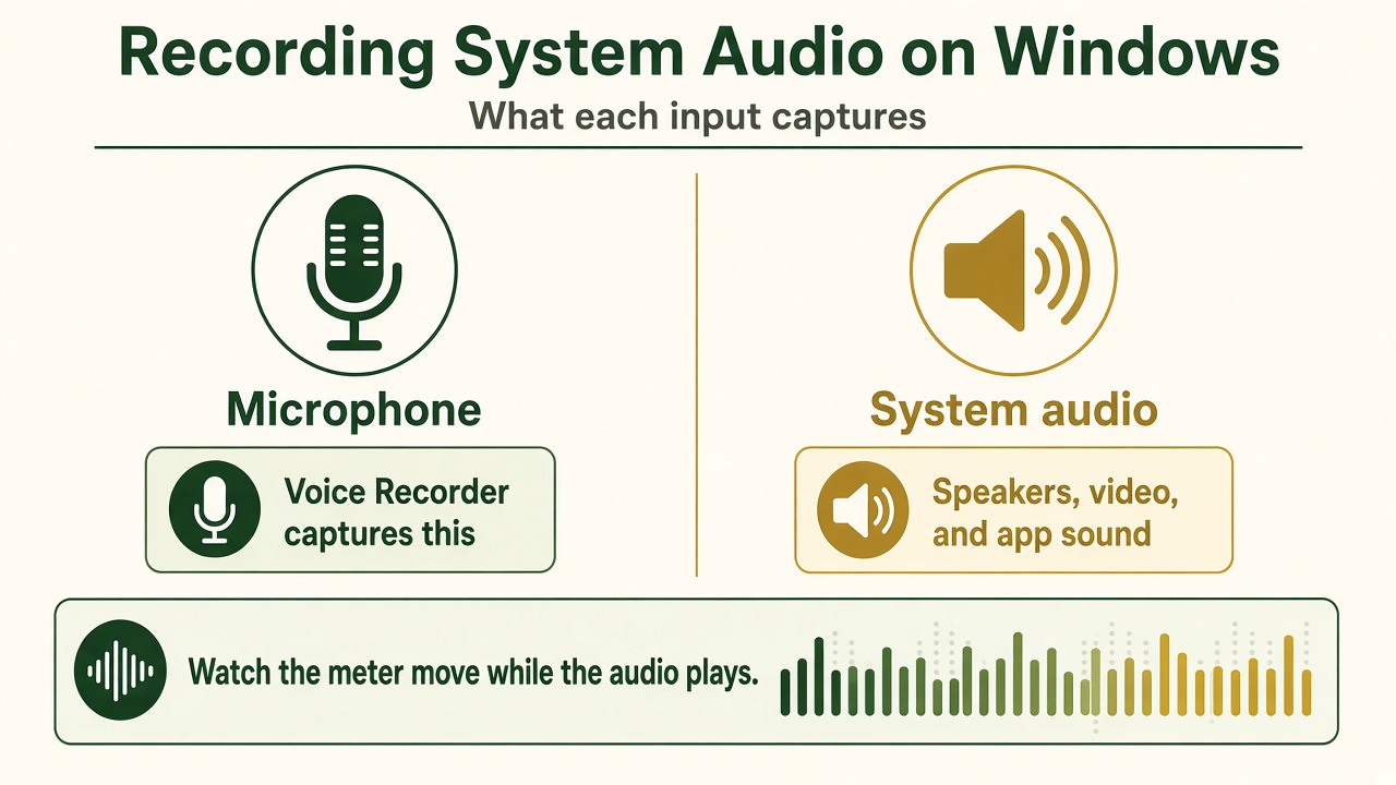 Diagram showing that Voice Recorder captures the microphone, while system audio is the sound from speakers, video, and apps.