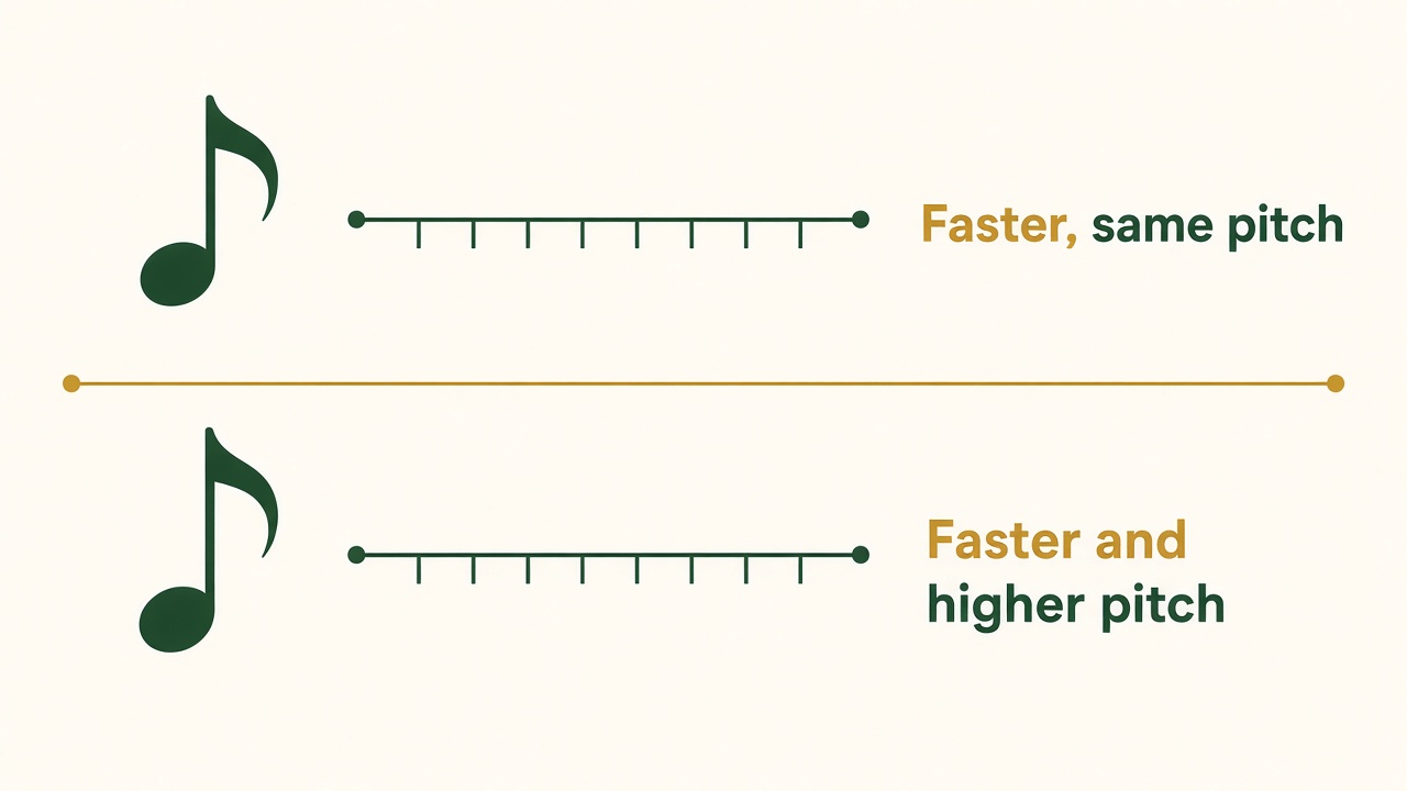 Diagram contrasting a faster file that keeps the same pitch with a faster file whose pitch also rises.