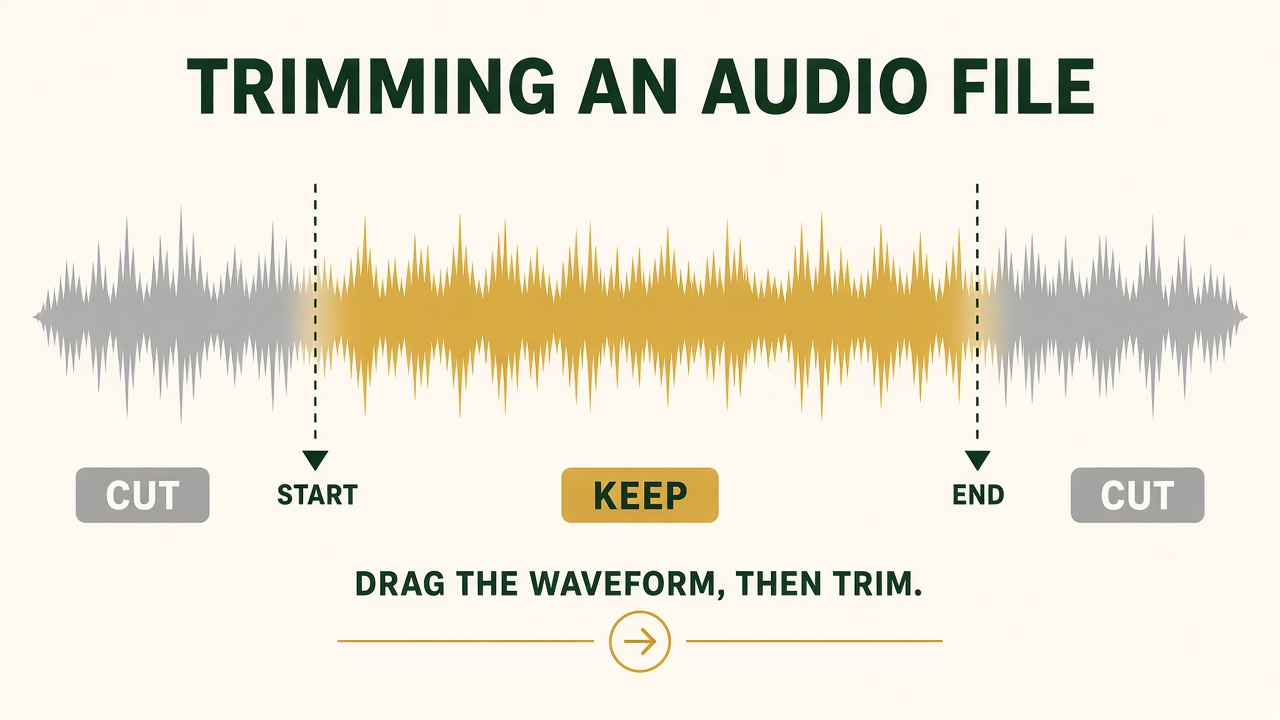 Diagram of an audio waveform with the middle marked Keep and both ends marked Cut.