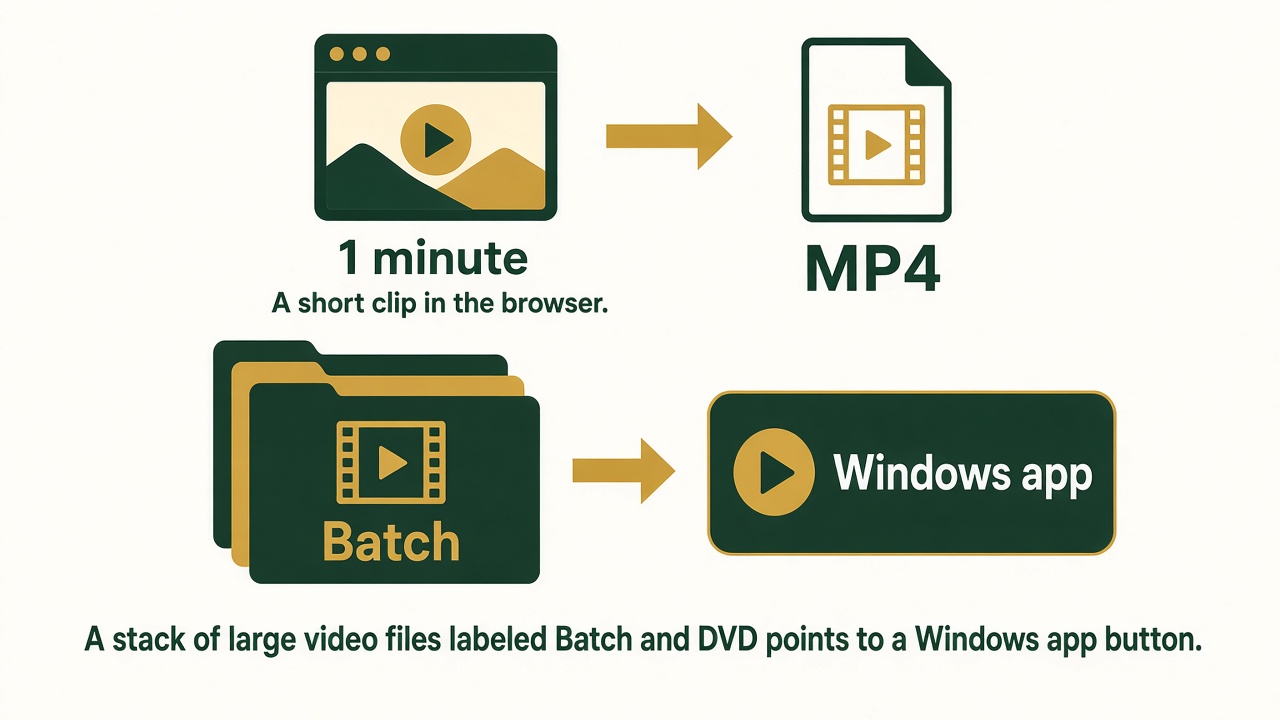 Diagram of a one-minute clip converted to MP4, with a stack of long videos left for the Windows app.