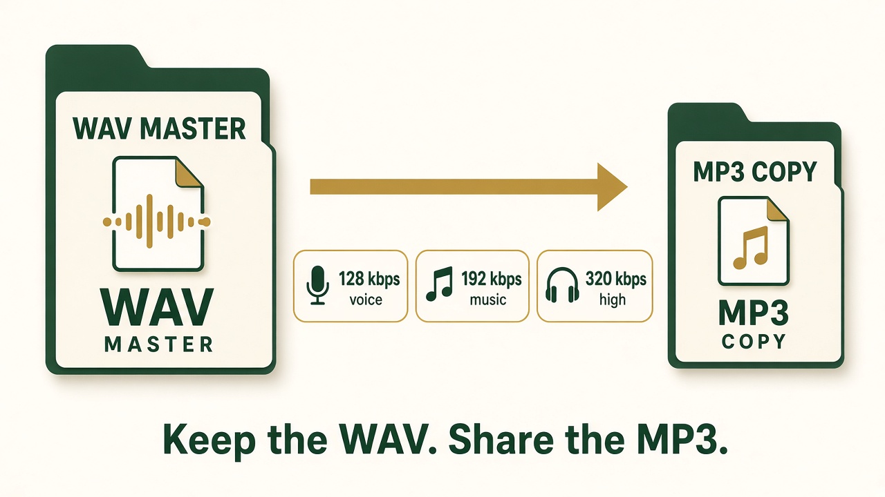 Diagram showing a large WAV master kept on disk and a smaller MP3 copy made for sharing.